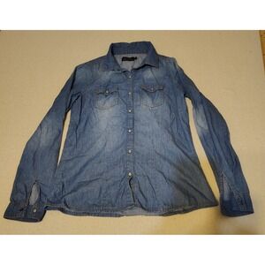 Ci Sono Denim Collection Pearl Snap Shirt Blue Distressed Long Sleeve Sz S/CH OO